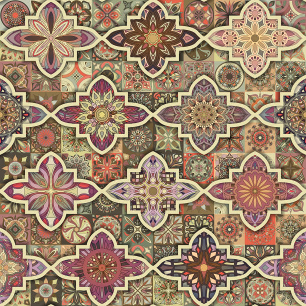 Seamless pattern with decorative mandalas. Vintage mandala elements. Colorful patchwork. Seamless pattern with decorative mandalas. Vintage mandala elements. Colorful patchwork christmas batik fabric stock illustrations