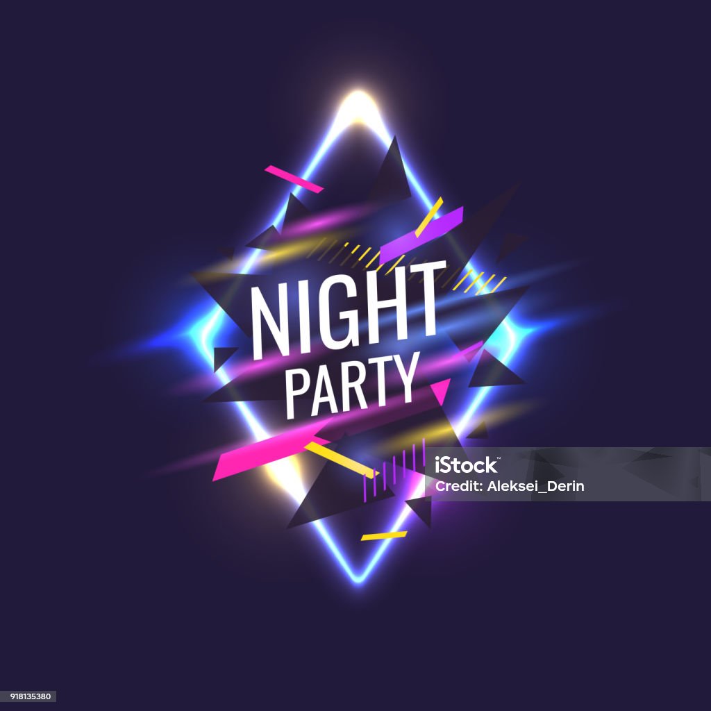 Original-Poster für Nacht Paty. Geometrische Formen und Neon Leuchten vor einem dunklen Hintergrund - Lizenzfrei Party Vektorgrafik