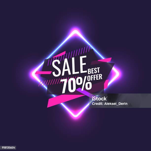 Best Sale Banner Original Poster For Discount Geometric Shapes And Neon Glow Against A Dark Background Stock Illustration - Download Image Now