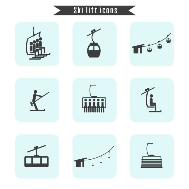 set von ski kabel aufzug icons für ski- und wintersport. - tellerlift stock-grafiken, -clipart, -cartoons und -symbole