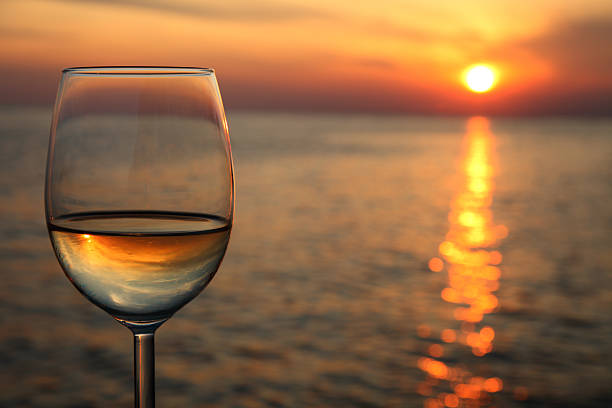 istock Glass of wine against red sunset 91813698