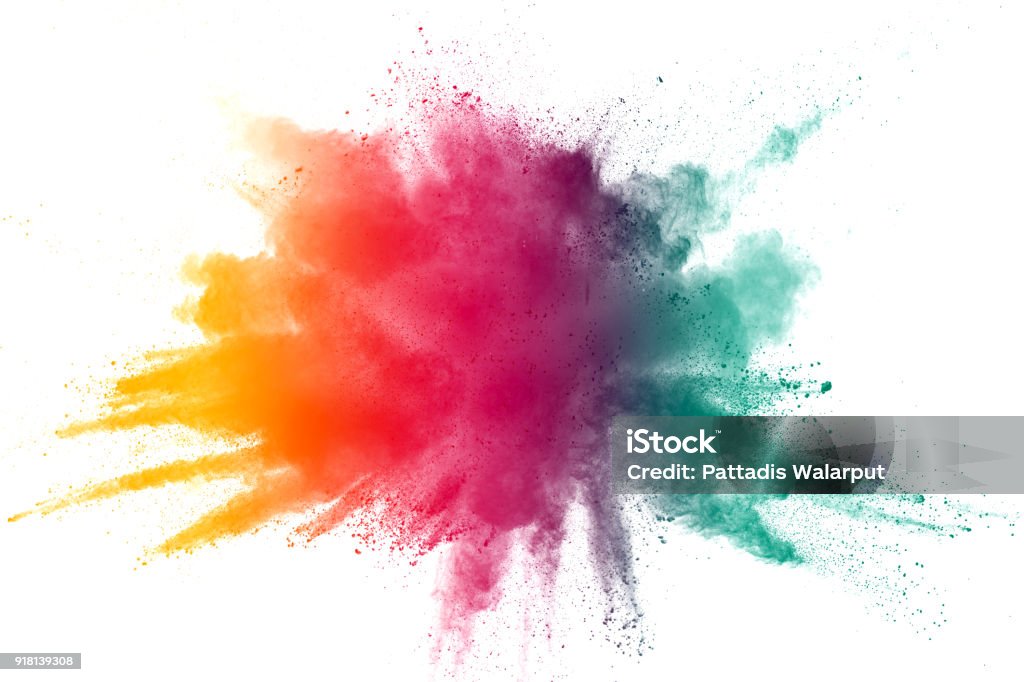 abstract color powder explosion on  white background.Freeze motion of dust splash. Color Image Stock Photo