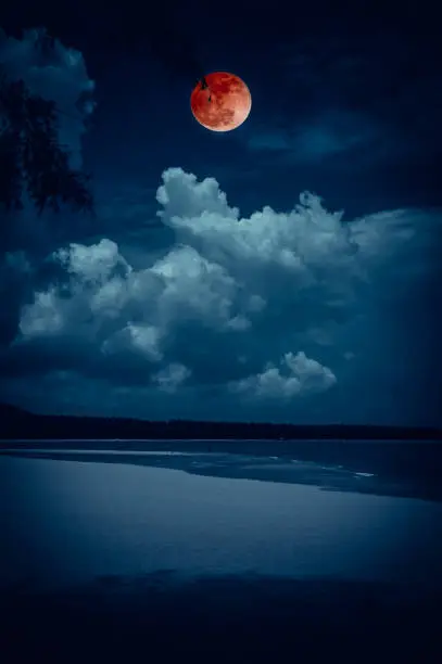 Beautiful landscape view on seascape to night. Attractive red full moon or blood moon on dark blue sky with cloudy. Serenity nature background, outdoors at nighttime. The moon taken with my own camera.