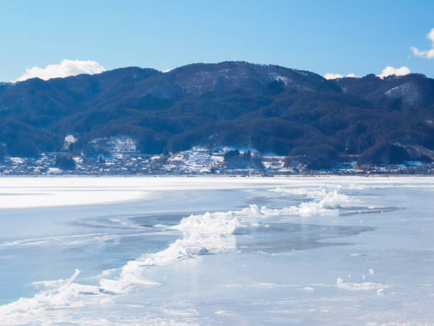 cracks that form in the ice on Lake Suwa In 2018, the ice cracks appeared after an interval of five years. suwa lake photos stock pictures, royalty-free photos & images