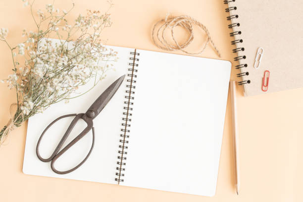 istock flat lay image of workplace with empty notebook,Yellow paper ground with notebook with pencil and old scissors 918146500