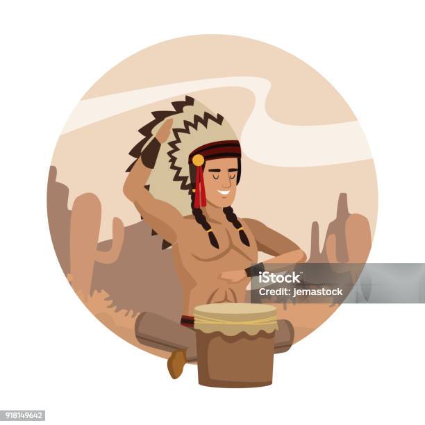 American Indian Cartoon In Round Icon Stock Illustration - Download Image Now - Culture of India, India, Old