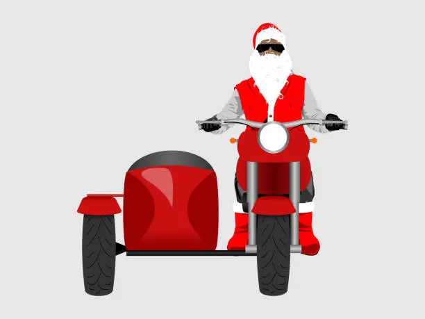 Vector illustration of Santa on classic sidecar motorcycle front view isolated color vector illustration