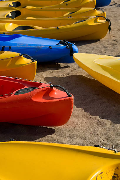 istock Raw of colourful canoes on beach 91815520