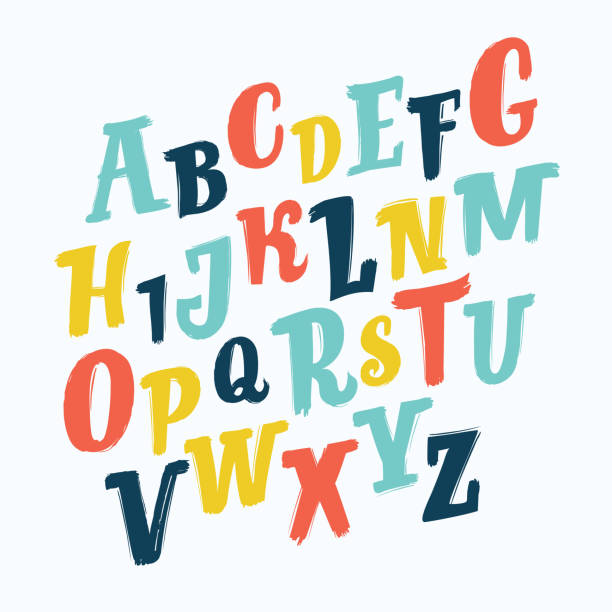 Vector of colorful stylized font and alphabet Vector cartoon letters set of colorful stylized font and brush alphabet. Hand drawn slanted ABC playful font stock illustrations