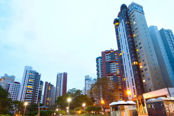 Curitiba, Parana State, Brazil - November 28, 2010: Apartment buildings around Praca do Japao (Japan Square), in the wealthy neighborhood of Batel.