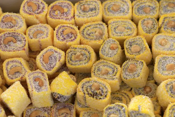 Photo of Colorful lokum which is a family of confections based on a gel of starch and sugar, is a very famous Turkish delight