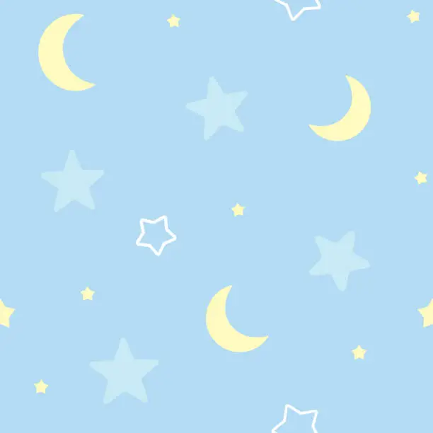 Vector illustration of Cute seamless pattern background with stars and moon. Children's bedroom, baby nursery decorative wallpaper. Vector Illustration.