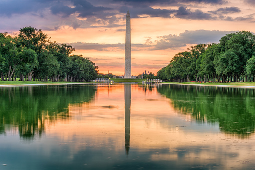 Washington Monument from the Reflecting Pool in Washingon DC, USA.