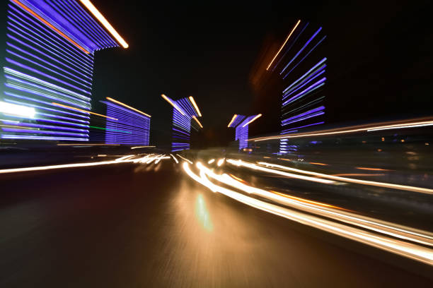 Abstract car trail on road. Abstract image of night traffic light on street.