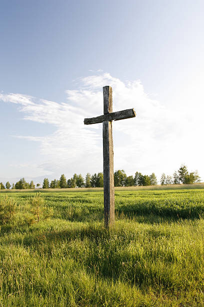 istock Wooden christianity cross in the meadow . 91817301