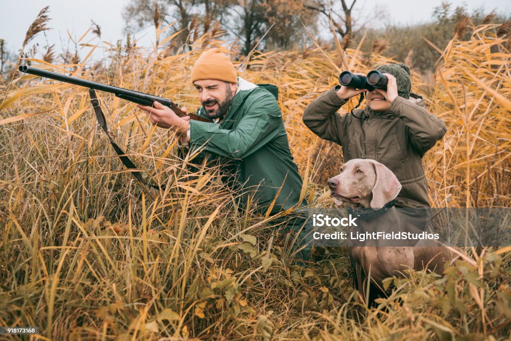 bird hunting Father and son sitting in a bushes and hunting down an animal Hunting - Sport Stock Photo