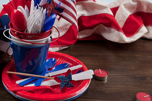 table set for patriotic meal, with us flag, suitable for labor day 4th july, memorial day