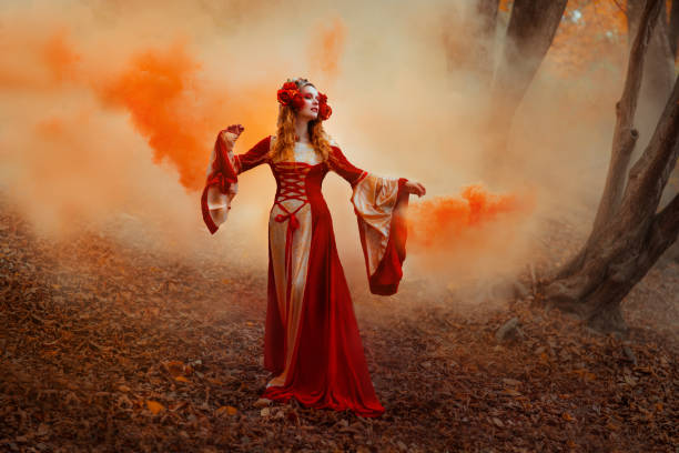 Woman in red medieval dress
