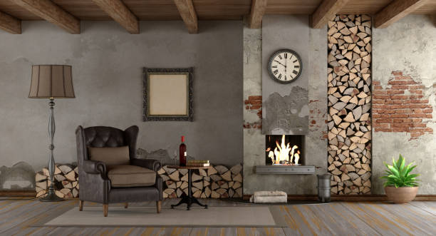 istock Retro living room with fireplace 918180614