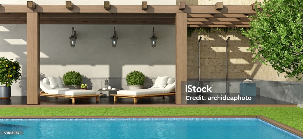 Garden with pergola and swimming pool Luxury garden with pergola and swimming pool - 3d rendering
 Outdoors Stock Photo