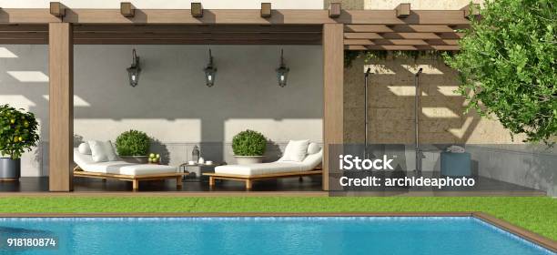 Garden With Pergola And Swimming Pool Stock Photo - Download Image Now - Outdoors, Swimming Pool, Yard - Grounds