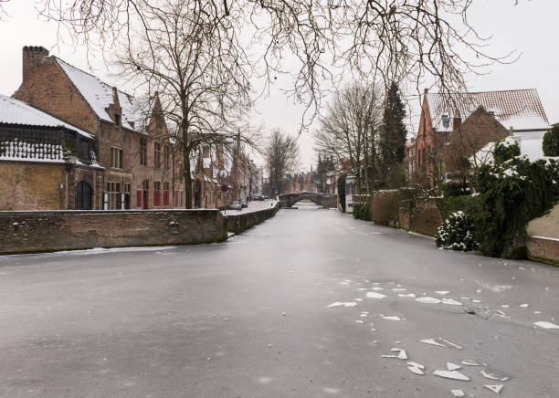 Canal scene in winter in Bruges, Belgium