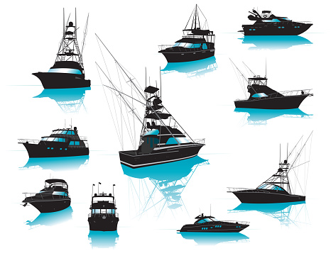 Collection of Silhouette illustrations of ten different boats