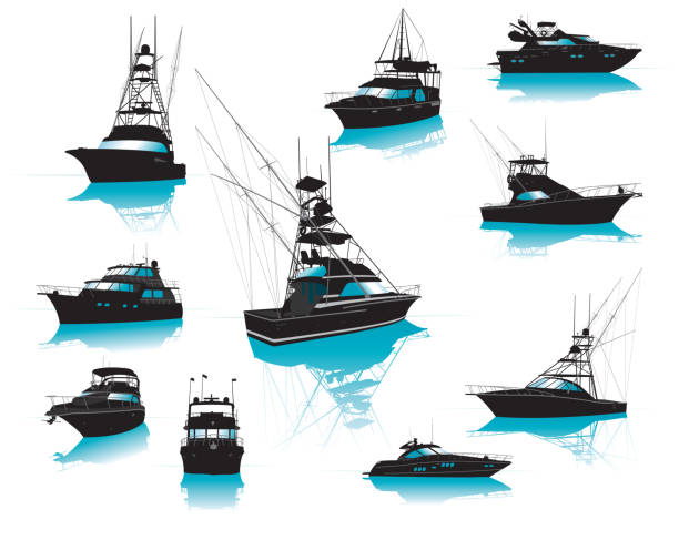 Boats, Fishing, Charter, Luxury, Collection Collection of Silhouette illustrations of ten different boats charter stock illustrations