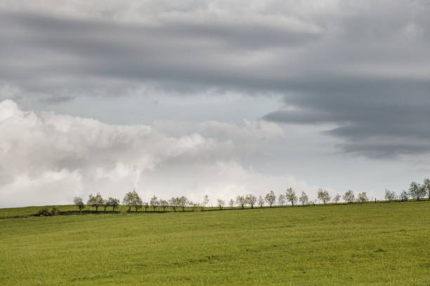 istock Cloudy sky over green hills and country road 918188500