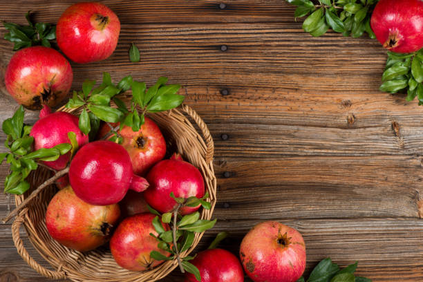 istock Organic pomegranates, above view. 918188626