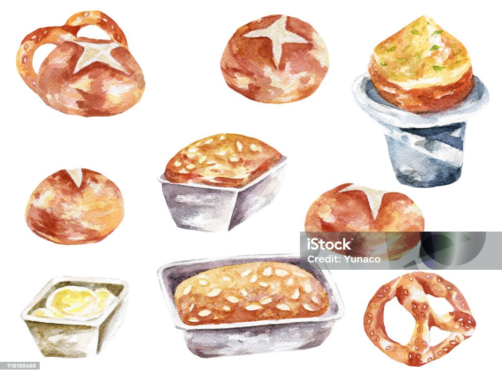 illustration collection with watercolor bakery product bagel, loaf, French baguette illustration collection with watercolor bakery product (bagel, loaf, French baguette) Loaf of Bread stock illustration