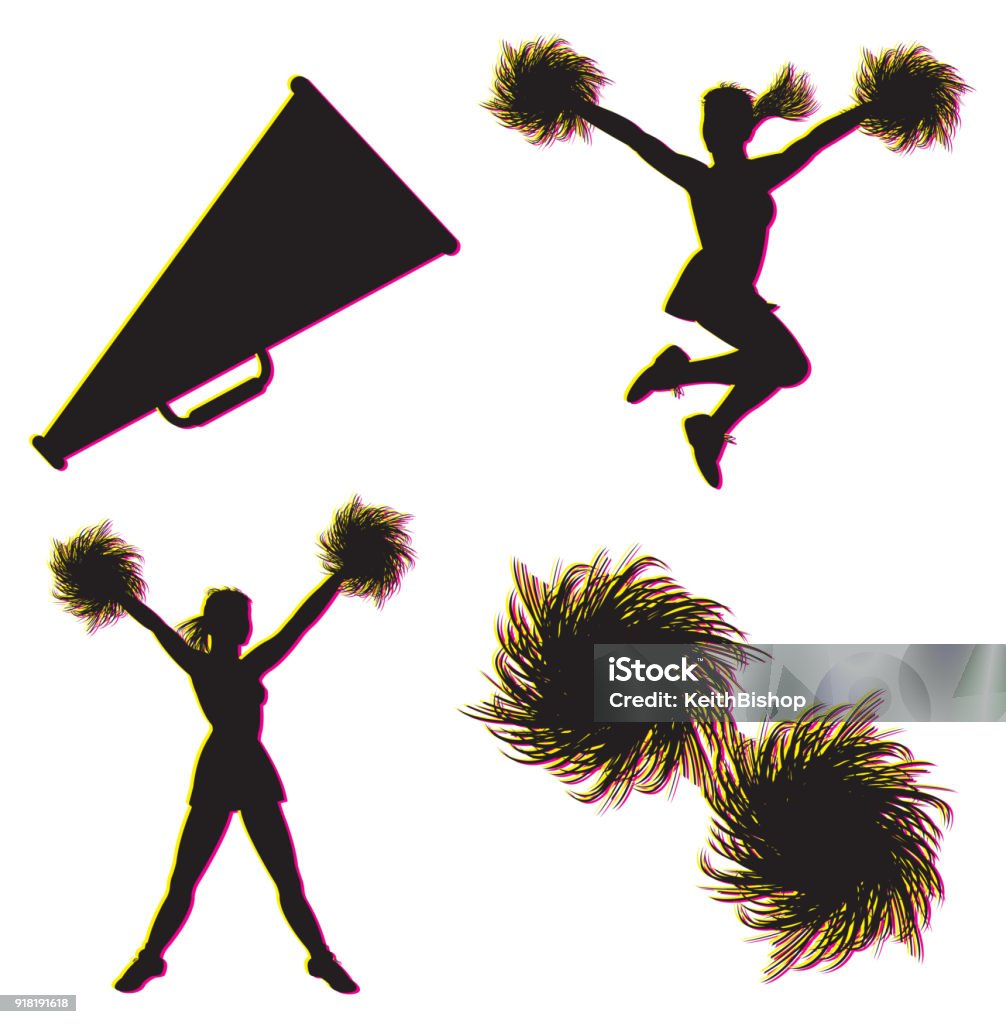 Cheerleading, Cheerleaders, Megaphone, Pom-poms Silhouette illustrations of cheerleaders, megaphone and pom-poms. Pom-Pom stock vector