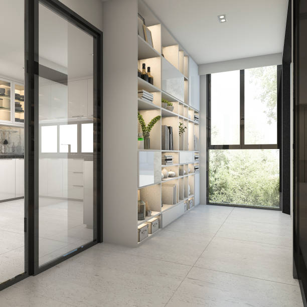 istock 3d rendering modern shelf design in near corridor and window 918192058
