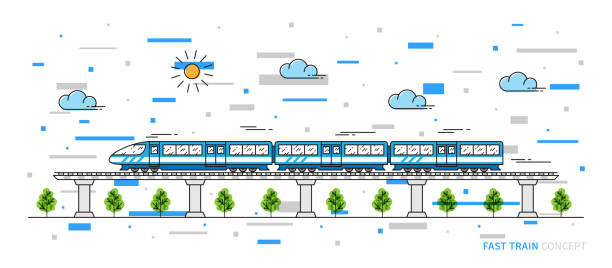 schnelle eisenbahn zug-vektor-illustration mit bunten elementen - urban scene railroad track train futuristic stock-grafiken, -clipart, -cartoons und -symbole