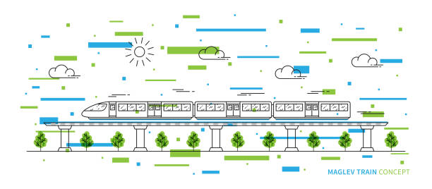 Maglev rail train vector illustration with colorful elements Maglev rail train vector illustration with colorful elements. Electric fast train line art concept. Monorail subway with magnet levitation technology graphic design. maglev train stock illustrations