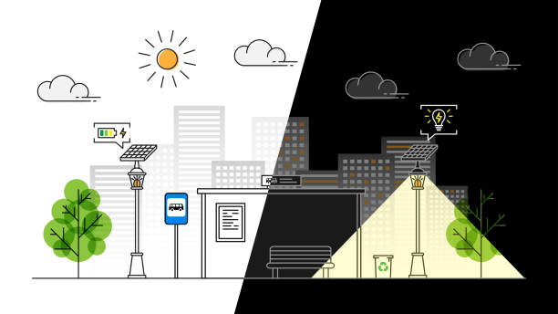 Sun energy sidewalk day and night vector illustration Sun energy sidewalk day and night vector illustration. Urban streetlight with solar panel to generate electricity line art concept. Street lantern with alternative energy technology on the pavement graphic design. solar street lights stock illustrations