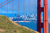 Golden Gate Bridge with the skyline of San Francisco in the background on a beautiful sunny day with blue sky and clouds in summer - California, USA