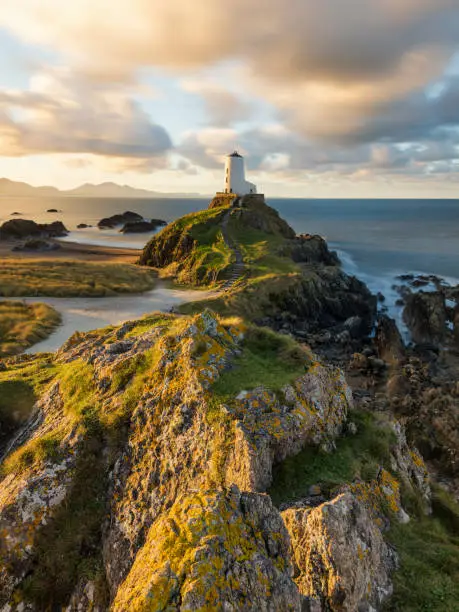 Golden morning light on rocks at Llanddwyn Lighthouse on the Anglesey Coast, Wales, UK.
