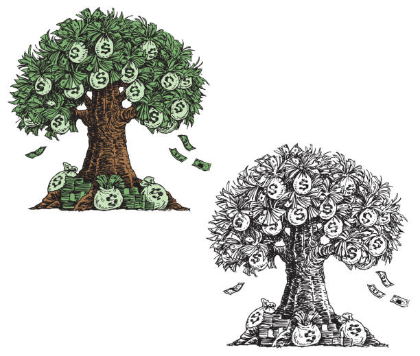 ilustraciones, imágenes clip art, dibujos animados e iconos de stock de árbol de dinero - money doesnt grow on trees money tree wealth paper currency