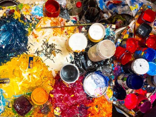 istock brushes, palette and paints captured from above 918201282