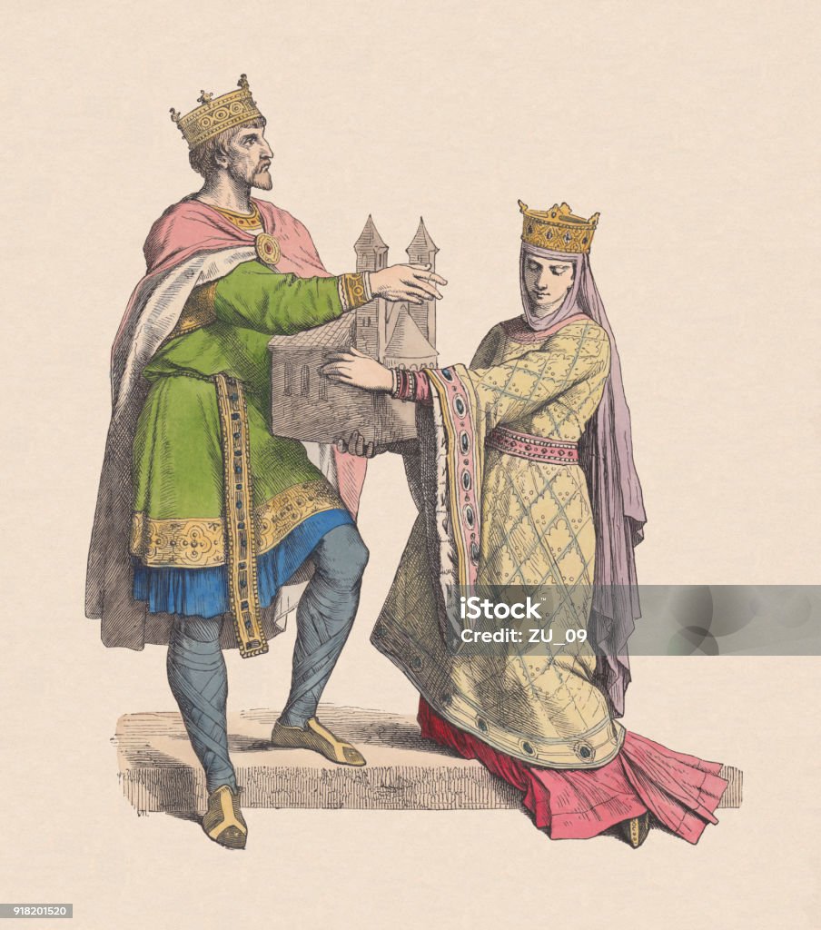 Frankish King and Queen, 10th century, hand-colored woodcut, published c.1880 Frankish King and Queen as donator of a cathedral with model, 10th century. Hand-colored wood engraving, published c. 1880. Church stock illustration