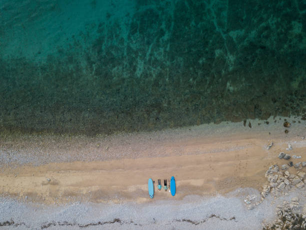 istock Two people on the sandy beach with stand up paddle boards 918204878