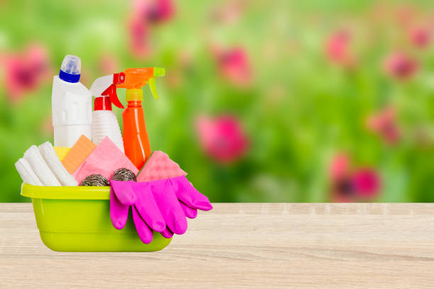 istock Spring cleaning concept with supplies against green nature blurred background 918208752