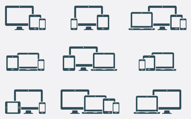 illustrazioni stock, clip art, cartoni animati e icone di tendenza di set di icone dei dispositivi digitali reattivi - mobile phone internet telephone symbol