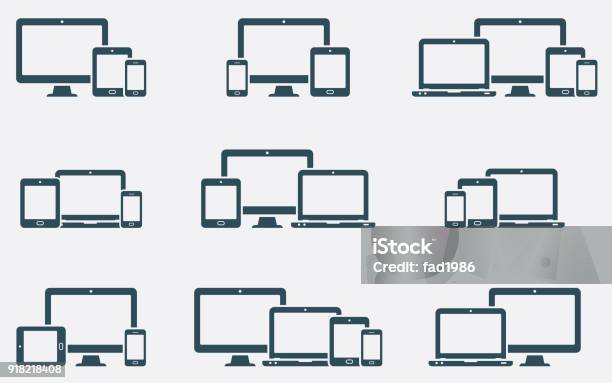 Responsywne Ikony Urządzeń Cyfrowych Ustawione - Stockowe grafiki wektorowe i więcej obrazów Ikona - Ikona, Wyposażenie, Tablet
