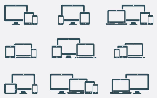 Responsive digital devices icons set Responsive web design icons in different positions multimedia stock illustrations