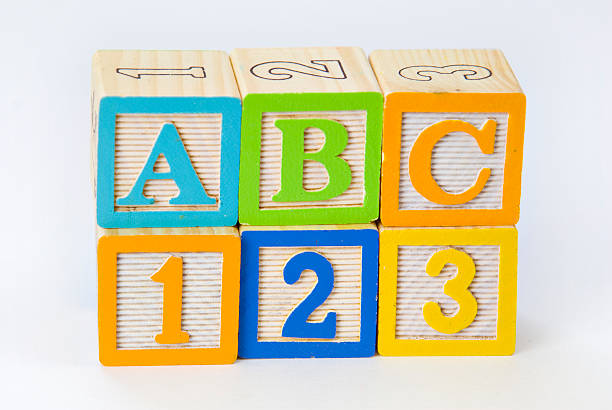 Children's Wooden Blocks Spelling ABC123 stock photo