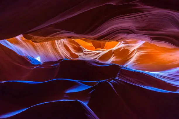 Photo of Upper Antelope Canyon. Natural rock formation in beautiful colors. Beautiful wide angle view of amazing sandstone formations. Near Page  at Lake Powell, Arizona, USA