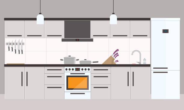 cartoon küche interieur mit kühlschrank, backofen und kochgeräte - küche modern stock-grafiken, -clipart, -cartoons und -symbole