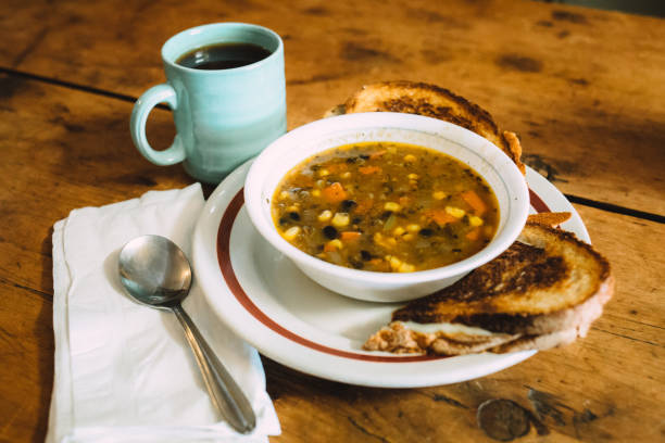 istock Tasty Vegetable soup with toasts on the table. 918222746